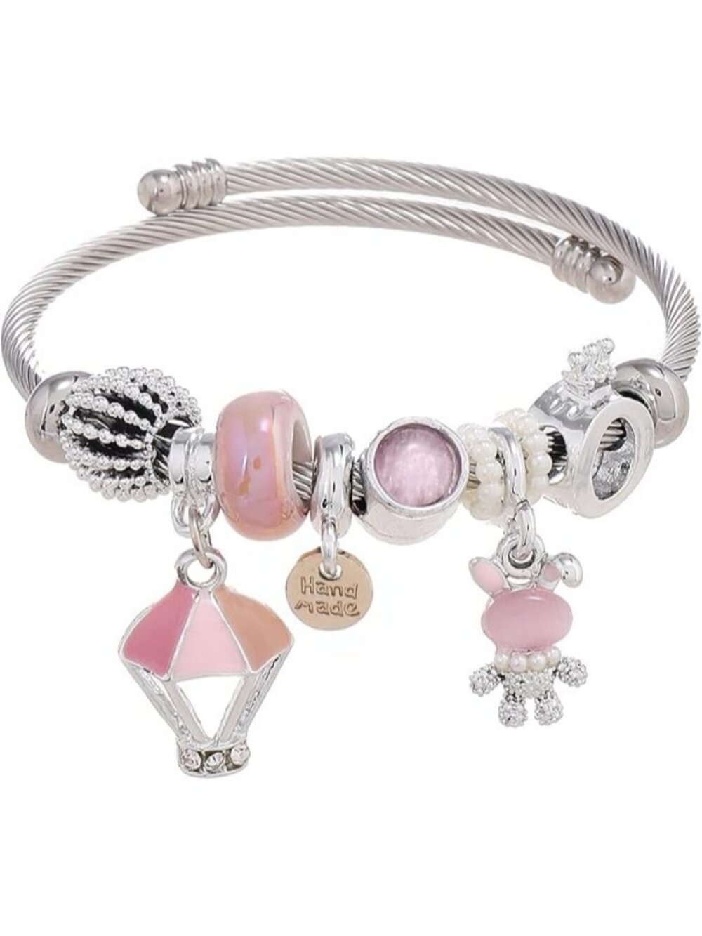 Silver Pink Rabbit Charm Bracelet Silver Stainless Steel Bangle